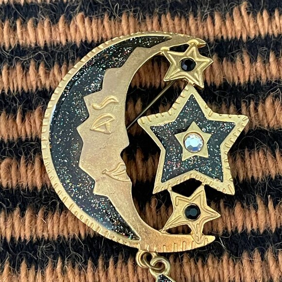 Vintage Newpro Crescent Moon and Stars Gold Tone and Glitter Brooch Pin - Picture 2 of 5